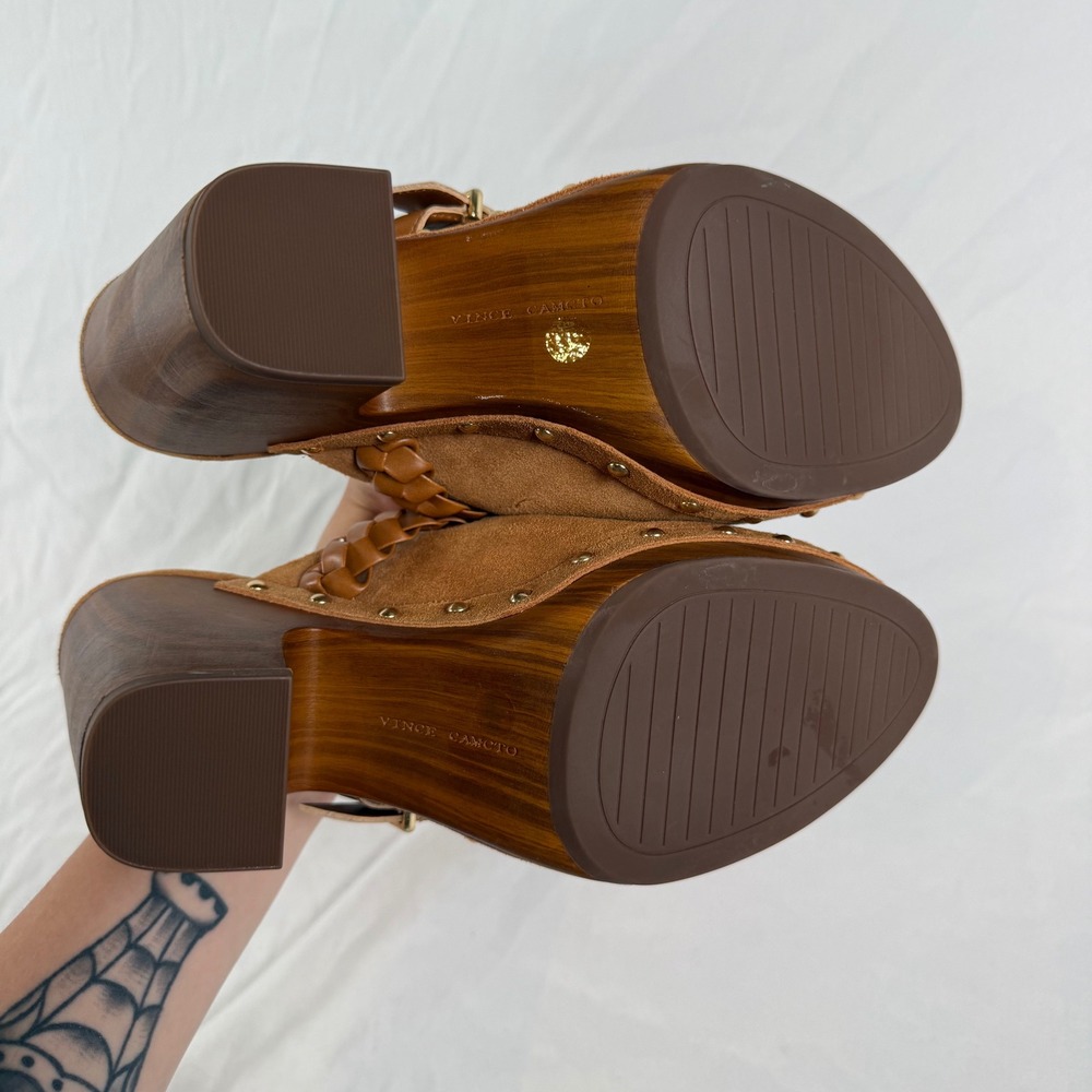 Vince Camuto Crashell Tan Suede Platform Clogs Braided Buckle Mules Studded 9.5 - Picture 5 of 9